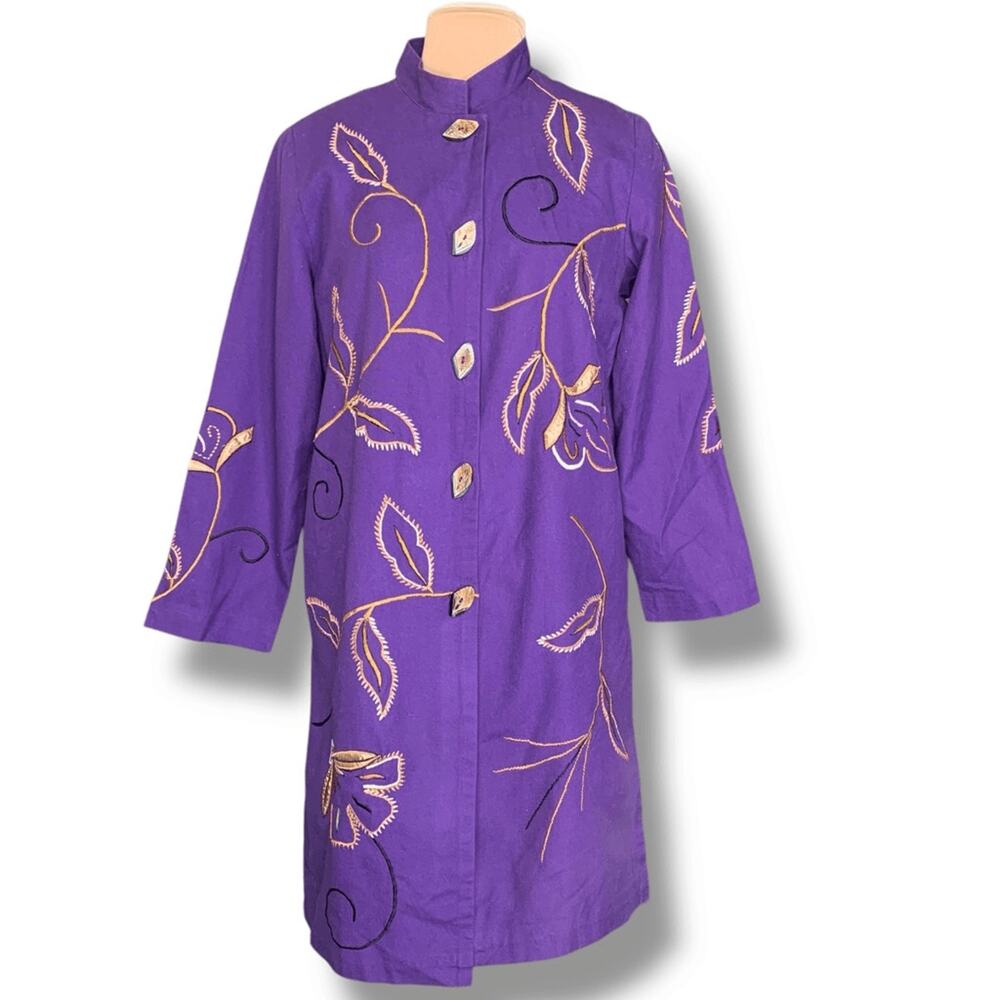 Vintage Indigo Moon Purple Embroidered Boho Floral‎ Mandarin Collar Jacket Artsy